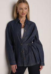 Granatowa Bawełniana Koszula ze Ściagaczami w Pasie Lennada. Niebieskie bluzki damskie Born2be, l, bez wzorów, z bawełny, biznesowe, bez kołnierzyka, bez ramiączek. Za 139.99 zł.