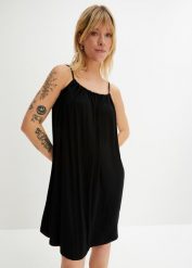 Sukienka z dżerseju z lejącej wiskozy. Czarne sukienki damskie bonprix, bez wzorów, z dżerseju, bez kołnierzyka, bez ramiączek. Za 67.99 zł.
