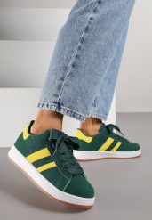 Zielone Sneakersy na Niskiej Platformie z Naszywkami Flordexia. Zielone obuwie sportowe damskie Renee, z aplikacjami, z jeansu. Za 89.99 zł.