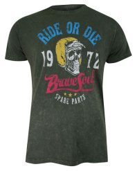 T-Shirt (Koszulka) Oliwkowy z Nadrukiem, Czaszka w Kasku, Okrągły Dekolt, Krótki Rękaw -BRAVE SOUL. Zielone t-shirty męskie Brave Soul, na lato, m, bez wzorów, z bawełny, casualowe, bez kołnierzyka. Za 69.00 zł.