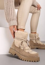 Ciemnobeżowe Śniegowce na Grubej Podeszwie z Cyrkoniami i Futerkową Wstawką Rianaella. Brązowe śniegowce i trapery damskie Born2be. Za 119.99 zł.