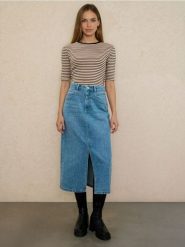 Spódnica jeansowa z efektem sprania - niebieski. Niebieskie spódnice damskie Sinsay, bez wzorów, z jeansu. Za 69.99 zł.