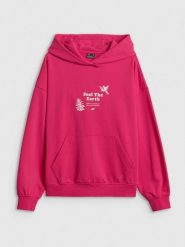 4F Bluza dresowa loose z kapturem damska - różowa L. Czerwone swetry damskie 4f, l, bez wzorów, z bawełny, bez kołnierzyka, bez ramiączek, z kapturem. Za 189.99 zł.