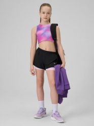 4F Spodenki sportowe szybkoschnące dziewczęce - czarne 122/128 (6-8 lat). Czarne spodenki dla dziewczynek 4f, bez wzorów, ze skóry, sportowe. Za 89.99 zł.