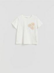 T-shirt z aplikacją - złamana biel. T-shirty damskie Reserved, l, z aplikacjami, z bawełny, bez kołnierzyka. Za 79.99 zł.