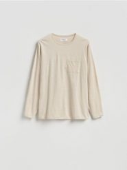 Longsleeve regular z kieszonką - beżowy. Brązowe bluzki z długim rękawem męskie Reserved, l, bez wzorów, z bawełny, bez kołnierzyka. Za 119.99 zł.