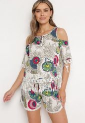 Biały Komplet Ozdobiony Frędzlami w Abstrakcyjny Wzór Koszulka z Wycięciami na Ramionach i Szorty Setella. Białe szorty damskie Born2be, z aplikacjami. Za 49.99 zł.