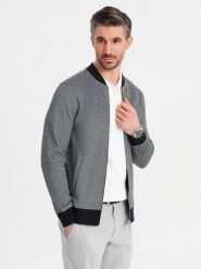 Męska bluza bomberka z dzianiny pique – czarna V1. Czarne bluzy męskie Ombre Clothing, m, bez wzorów, z bawełny, bez kaptura. Za 219.99 zł.