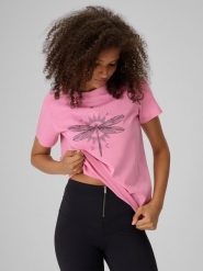 4F T-shirt regular z nadrukiem damski - różowy XS. Czerwone t-shirty damskie 4f, m, bez wzorów, z bawełny, klasyczne, bez kołnierzyka. Za 59.99 zł.