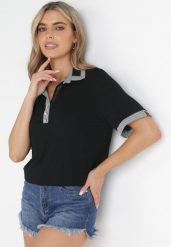 Czarny T-shirt Polo z Ozdobnymi Taśmami i Cyrkoniami Kythy. Czarne bluzki damskie Born2be, m, bez wzorów, bez kołnierzyka, bez ramiączek. Za 44.99 zł.