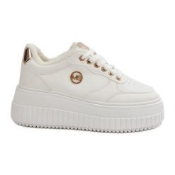 Sneakersy Buty Sportowe Damskie Ocieplane Na Masywnej Podeszwie Białe Ardiela. Białe obuwie sportowe damskie bez wzorów, ze skóry. Za 205.59 zł.
