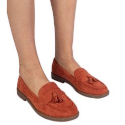 Pomarańczowe mokasyny damskie z ekozamszu z frędzlami. Brązowe mokasyny damskie ze skóry ekologicznej, eleganckie. Za 78.89 zł.
