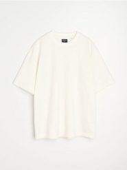 Bluza z krótkim rękawem z dzianiny terry - kremowy. Białe bluzy męskie Sinsay, l, bez wzorów, z dzianiny, bez kaptura. Za 39.99 zł.