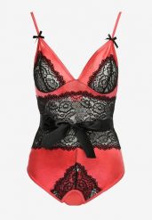 Różowo-Czarne Body Zdobione Koronką ze Stringami i Satynową Wstążką Luneie. Czerwone body damskie Born2be, m, z aplikacjami, z koronki. Za 39.99 zł.