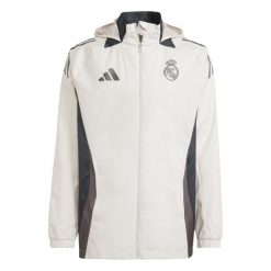 Kurtka dresowa zewnętrzna Real Madrid 2024/25. Czerwone kurtki męskie Adidas, bez wzorów, z dresówki, sportowe, bez kaptura. W wyprzedaży za 390.35 zł.