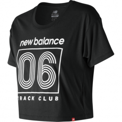 New Balance - WT91590BK. Czarne t-shirty damskie marki New Balance, bez wzorów, z bawełny, bez kołnierzyka. Za 99.99 zł.