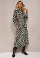 Zielona Koszulowa Sukienka Maxi w Geometryczny Wzór z Paskiem Oniufe. Zielone sukienki damskie Renee, s, bez wzorów, z materiału, bez kołnierzyka, bez ramiączek, maxi, koszulowe. Za 89.99 zł.