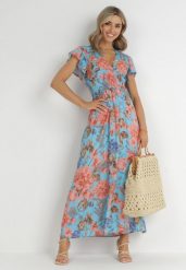 Niebieska Sukienka Maxi w Kwiaty z Gumką w Pasie Shepes. Niebieskie sukienki damskie Born2be, l, z aplikacjami, z tkaniny, bez kołnierzyka, bez ramiączek, maxi, kopertowe. Za 74.99 zł.