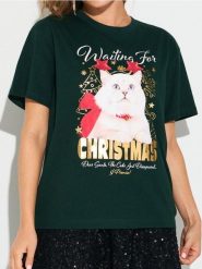 Koszulka z motywem świątecznym - ciemny turkus. T-shirty damskie Sinsay, l, bez wzorów, wizytowe, bez kołnierzyka. Za 19.99 zł.