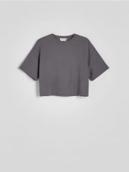 T-shirt boxy z modalem - ciemnoszary. Szare t-shirty damskie Reserved, l, bez wzorów, z dzianiny, bez kołnierzyka. Za 59.99 zł.