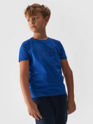 4F T-shirt z nadrukiem chłopięcy - niebieski 146 (10-11 lat). Niebieskie t-shirty dla chłopców 4f, bez wzorów, z bawełny, bez ramiączek. Za 39.99 zł.