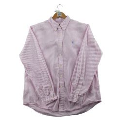Second life - Klasyczna koszula męska w paski różowa - Jak nowy. Czerwone koszule męskie Ralph Lauren, m, bez wzorów, eleganckie, bez kołnierzyka, bez ramiączek. Za 212.96 zł.