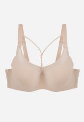 Jasnobeżowy Biustonosz z Siateczkową Wstawką i Ozdobnymi Paskami przy Dekolcie Sabesa. Brązowe biustonosze Renee, bez wzorów, z jeansu. Za 49.99 zł.