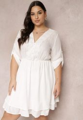 Biała Sukienka Mini z Gumką w Talii i Koronkowymi Wstawkami Kelia. Białe sukienki damskie Renee, na co dzień, l, bez wzorów, z koronki, eleganckie, bez kołnierzyka, bez ramiączek, midi, kopertowe. Za 79.99 zł.