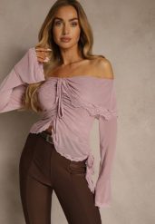 Różowa Bluzka Off Shoulder z Falbankami z Siateczki z Bawełny i Wiskozy Fenisella. Czerwone bluzki damskie Renee, l, bez wzorów, z bawełny, eleganckie, bez kołnierzyka, bez ramiączek. Za 89.99 zł.