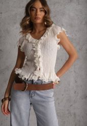 Biała Bluzka z Wiskozą w Prążki z Falbanami Eunione. Białe bluzki damskie Renee, l, bez wzorów, z jeansu, bez kołnierzyka, bez ramiączek. Za 99.99 zł.