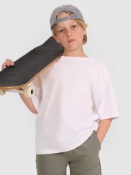 4F T-shirt oversize gładki chłopięcy - biały 140 (9-10 lat). Białe t-shirty dla chłopców 4f, bez wzorów, z bawełny, bez ramiączek. W wyprzedaży za 29.99 zł.