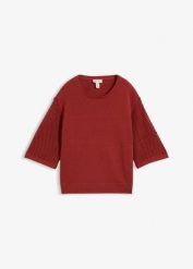Sweter z mieszanki bawełny i lnu. Brązowe swetry damskie bonprix, w ażurowe wzory, z bawełny, bez kołnierzyka, bez ramiączek, bez kaptura. Za 107.99 zł.