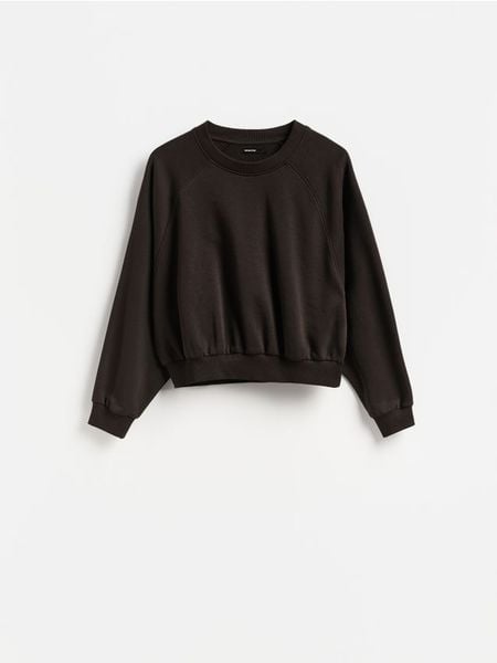 Gładka bluza - ciemnobrązowy. Brązowe bluzy damskie Reserved, l, bez wzorów, z bawełny, bez kaptura. Za 69.99 zł.