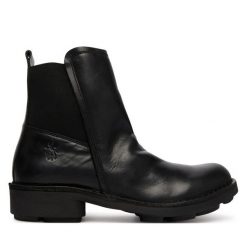 Botki Fly London. Czarne botki damskie Fly London, bez obcasa, na słupku, bez zapięcia. Za 749.99 zł.