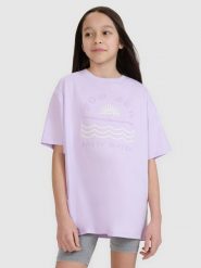 4F T-shirt oversize z nadrukiem dziewczęcy - fioletowy 158 (12-13 lat). Fioletowe t-shirty i topy dla dziewczynek 4f, bez wzorów, z bawełny, bez ramiączek. W wyprzedaży za 29.99 zł.