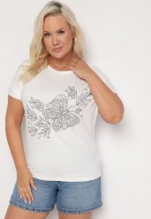 Biały Klasyczny Bawełniany T-shirt z Nadrukiem Wiloa. Białe bluzki damskie Born2be, l, bez wzorów, z bawełny, klasyczne, bez kołnierzyka. Za 34.99 zł.