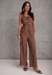 Brązowy Garniturowy Komplet z Bawełną Spodnie Wide Leg i Kamizelka Utility Aloane. Brązowe spodnie materiałowe damskie Renee, l, bez wzorów, z bawełny. Za 199.99 zł.