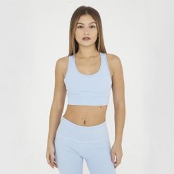 Crop top sportowy treningowy FEBE. Niebieskie obuwie sportowe damskie Legea, bez wzorów, z materiału, na fitness i siłownię. W wyprzedaży za 84.50 zł.
