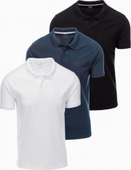 Komplet męskich bawełnianych t-shirtów polo BASIC czarny/granatowy/biały V1 OM-POBS-0133 XL. Białe koszulki polo męskie Ombre, m, bez wzorów, z bawełny, bez ramiączek. Za 376.71 zł.