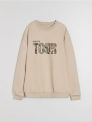 Bluza crewneck z napisem - beżowy. Brązowe bluzy męskie Sinsay, l, bez wzorów, bez kaptura. Za 39.99 zł.