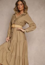 Ciemnobeżowa Wiskozowa Sukienka o Koszulowym Kroju z Paskiem z Klamrą Feluriela. Brązowe sukienki damskie Renee, na co dzień, l, bez wzorów, z wiskozy, eleganckie, bez kołnierzyka, bez ramiączek, maxi, kopertowe. Za 89.99 zł.