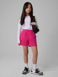 4F Spodenki dresowe dziewczęce - różowe 146 (10-11 lat). Czerwone spodenki dla dziewczynek 4f, na lato, bez wzorów, z bawełny. Za 49.99 zł.