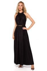 Brokatowa Maxi Sukienka z Dekoltem Typu Halter - Czarna. Czarne sukienki damskie MOE, uniwersalny, bez wzorów, z elastanu, wizytowe, bez kołnierzyka, bez ramiączek, maxi. Za 296.05 zł.