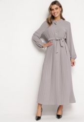 Ciemnoszara Rozkloszowana Sukienka Maxi z Plisowanym Dołem i Wiązanym Paskiem Nollira. Szare sukienki damskie Born2be, bez wzorów, eleganckie, bez kołnierzyka, bez ramiączek, maxi, plisowane. Za 119.99 zł.