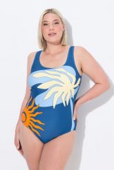 Damskie Strój kąpielowy palmy bez miękkich miseczek okrągły dekolt. Niebieskie kostiumy jednoczęściowe damskie Ulla Popken, plus size, bez wzorów, z elastanu, sportowe, plus size, do pływania. Za 199.99 zł.