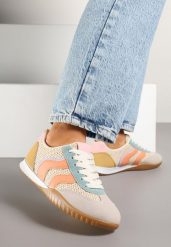 Beżowo-Pomarańczowe Sneakersy z Geometrycznym Motywem i Plecionką Laniffia. Brązowe obuwie sportowe damskie Renee, z aplikacjami, z jeansu, trekkingowe. Za 79.99 zł.