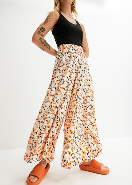 Spodnie palazzo z lejącej wiskozy. Brązowe spodnie materiałowe damskie bonprix, bez wzorów, z wiskozy. Za 129.99 zł.