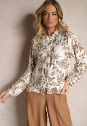 Beżowa Wiskozowa Koszula w Kwiatowy Print z Bufiastymi Rękawami Hanistrae. Brązowe bluzki damskie Renee, na lato, l, w ażurowe wzory, z jeansu, eleganckie, bez kołnierzyka, bez ramiączek. Za 89.99 zł.