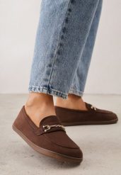 Brązowe Mokasyny Barefoot z Metaliczną Klamrą Jamal. Brązowe mokasyny damskie Renee, z dzianiny, eleganckie. Za 119.99 zł.