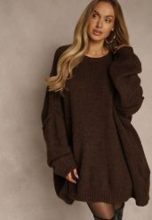 Brązowy Sweter Oversize z Wełną i Wiskozą Fedolina. Brązowe swetry damskie Renee, m, bez wzorów, z jeansu, casualowe, bez kołnierzyka, bez ramiączek, bez kaptura. Za 189.99 zł.